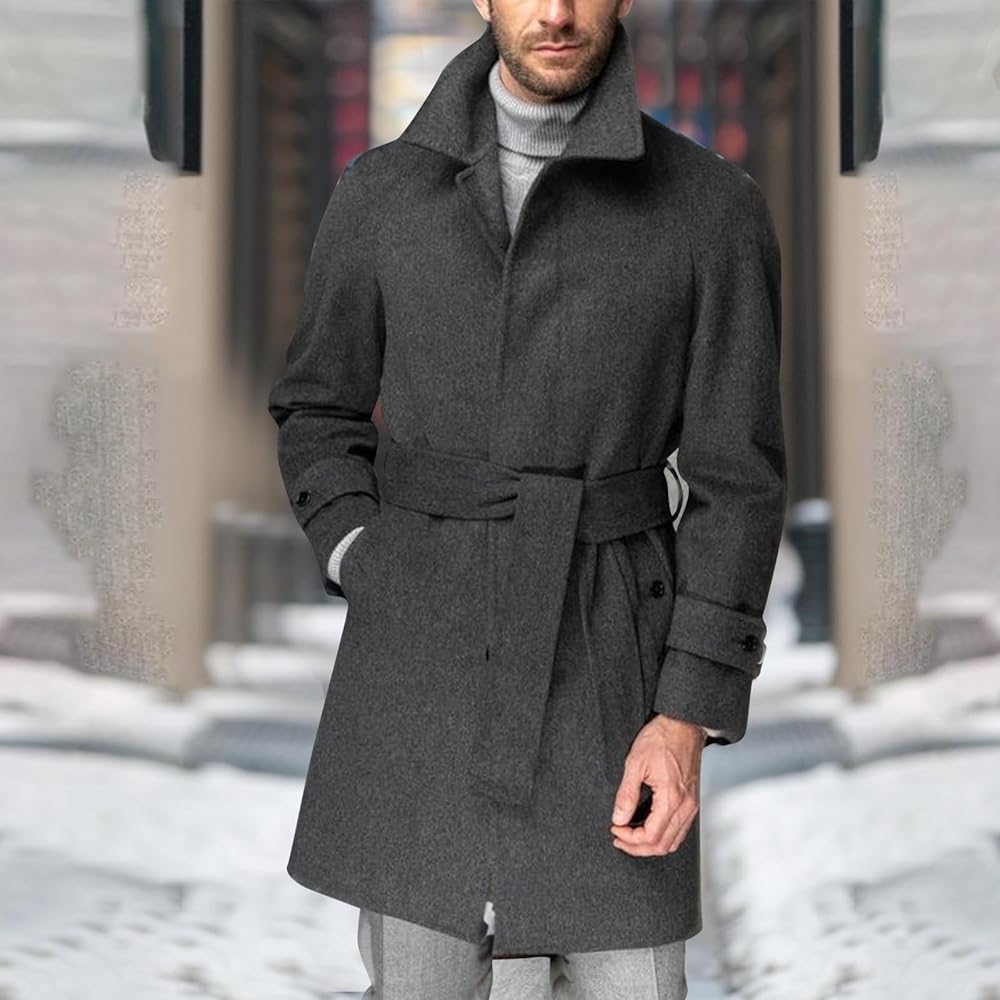 Mens Trench Coat Notched Lapel Single Breasted Belted Long